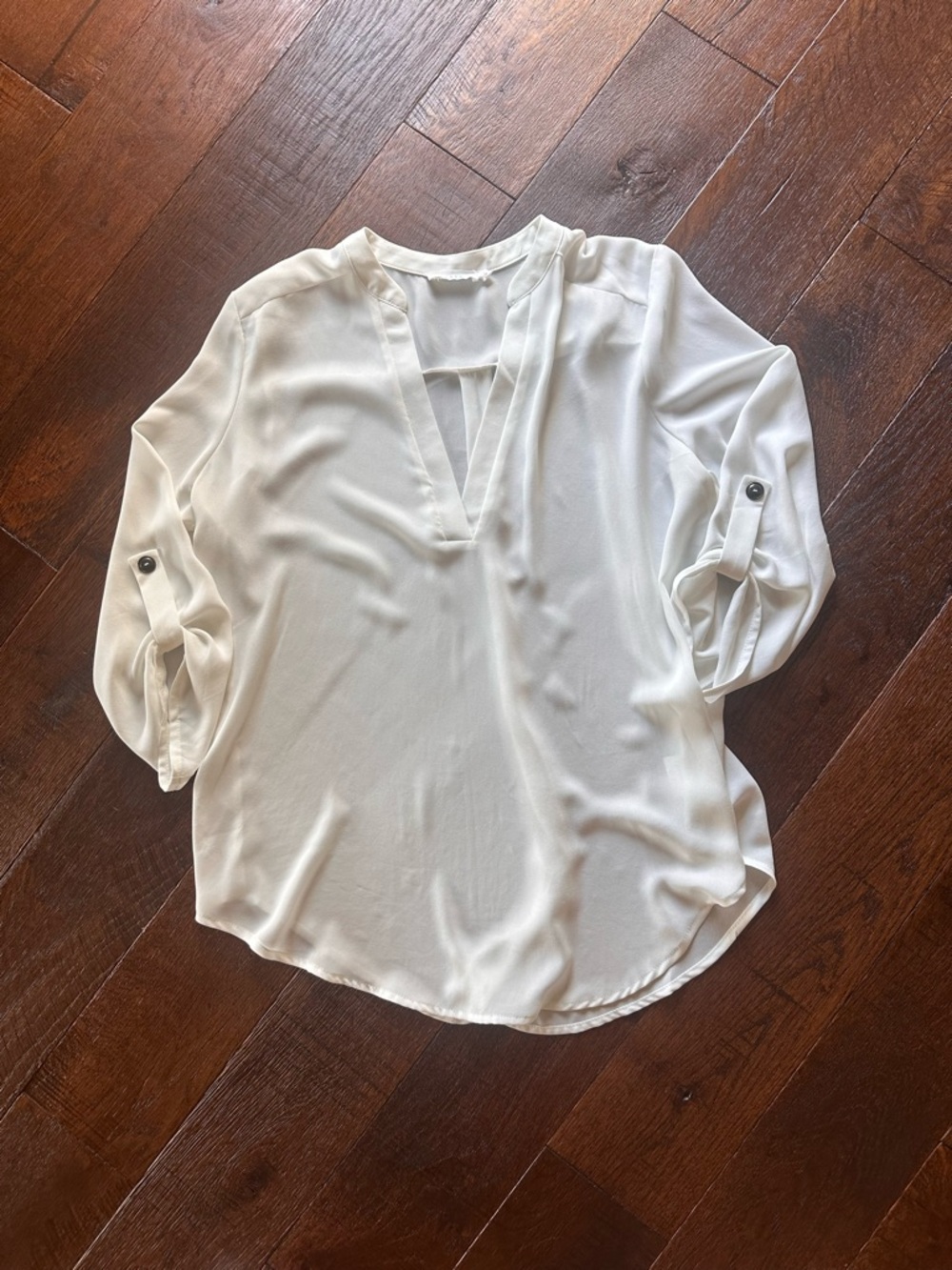 Flowy Lush Top Cream V Neck Roll Tab Sleeves Flowy Top Tunic